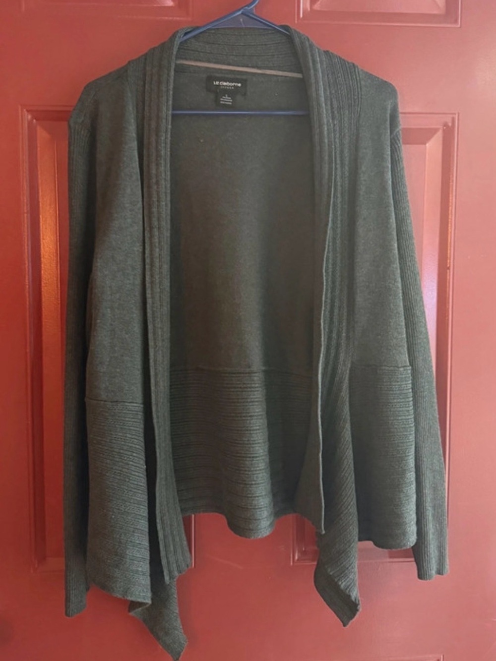 Liz Claiborne Olive Green Open-Front Drape Cardigan